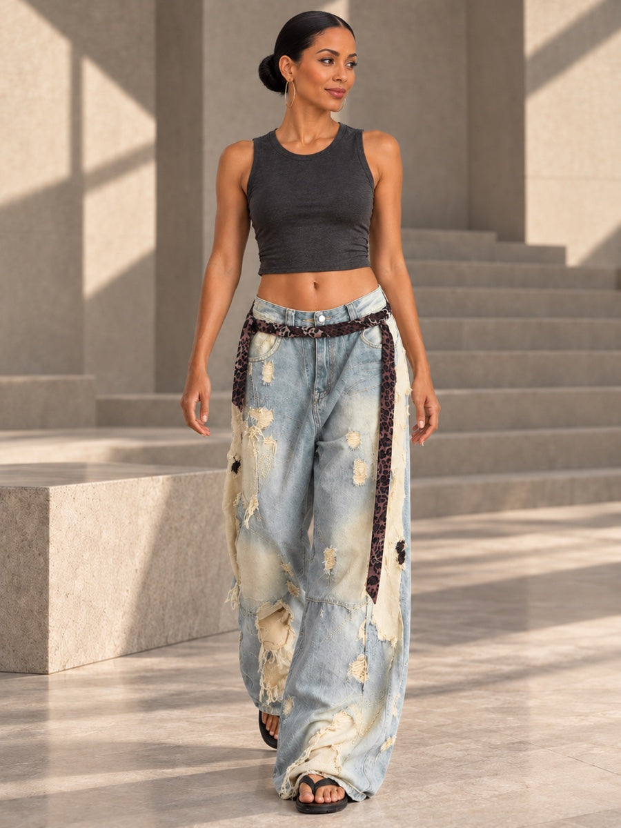 High Waisted Wide Leg Asymmetric Buttoned Contrast Color Jacquard Pockets Split-Joint Streamer Jean Pants Bottoms - 207026_CF_F3_v01