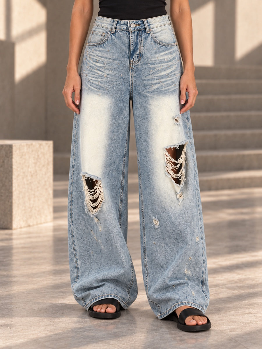 High Waisted Wide Leg Buttoned Contrast Color Hollow Pockets Split-Joint Jean Pants Bottoms - 206743_下半身_v04