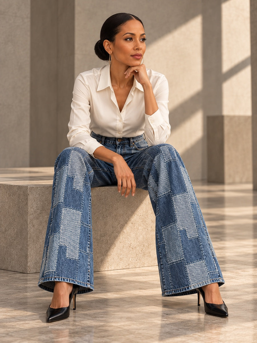 Loose Wide Leg Buttoned Plaid Pockets Split-Joint Jean Pants Bottoms - 170568_OL_F2_v20261008