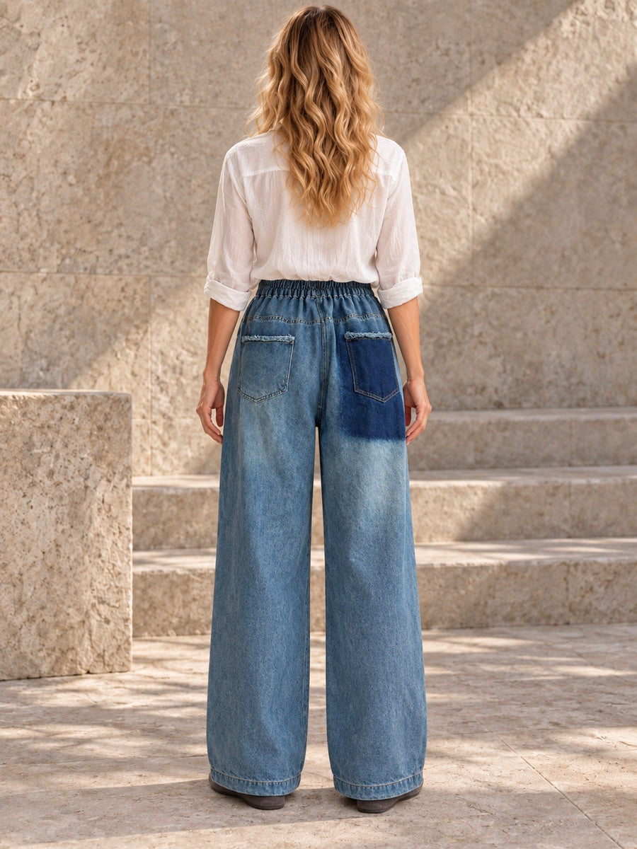 Loose Wide Leg Contrast Color Elasticity Pockets Jean Pants Bottoms - 152980_B1_v01