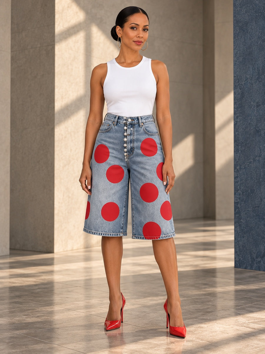High Waisted Loose Pockets Polka-Dot Denim Shorts - 202843_OL_F1_v20261008