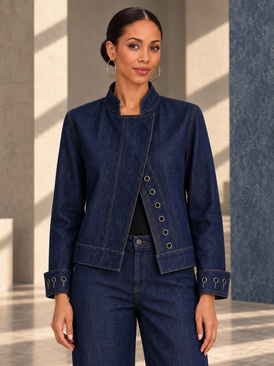Cropped Long Sleeves Buttoned Hollow Solid Color Stand Collar Outerwear - 205700_上半身_v04