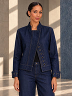 Cropped Long Sleeves Buttoned Hollow Solid Color Stand Collar Outerwear - 205700_上半身_v04