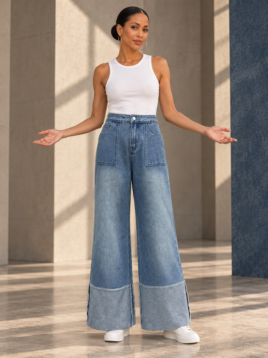 High Waisted Wide Leg Contrast Color Pockets Jean Pants Bottoms - 187827_CF_F3_v20261008