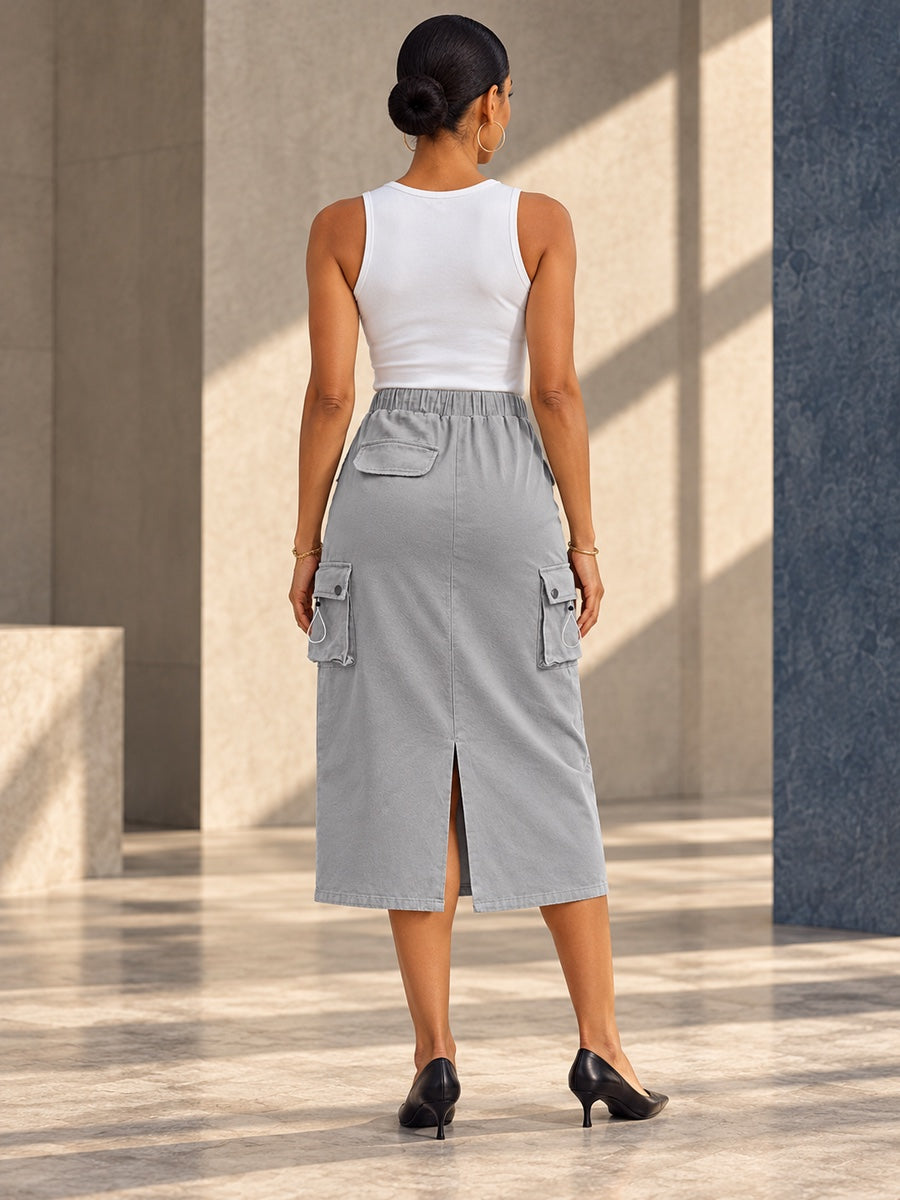 A-Line Buttoned Drawstring Pockets Solid Color Split-Joint Skirts Bottoms - 123865_B1_v20261008