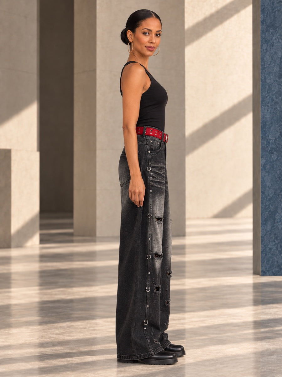 High Waisted Wide Leg Belt Buckle Hollow Pockets Printed Ripped Split-Joint Jean Pants Bottoms - 207025_S1_v01