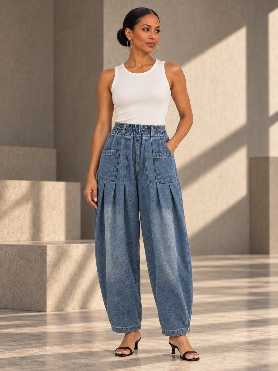 Loose Elasticity Pockets Solid Color Jean Pants Bottoms Trousers - 187849_OL_F1_v20261008