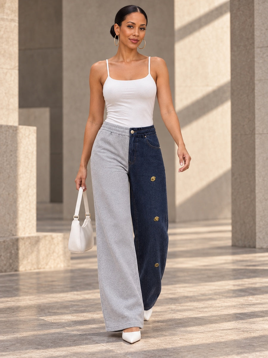 High Waisted Wide Leg Buttoned Contrast Color Elasticity Pockets Split-Joint Zipper Pants Trousers - 211497_CF_F1_v20261008