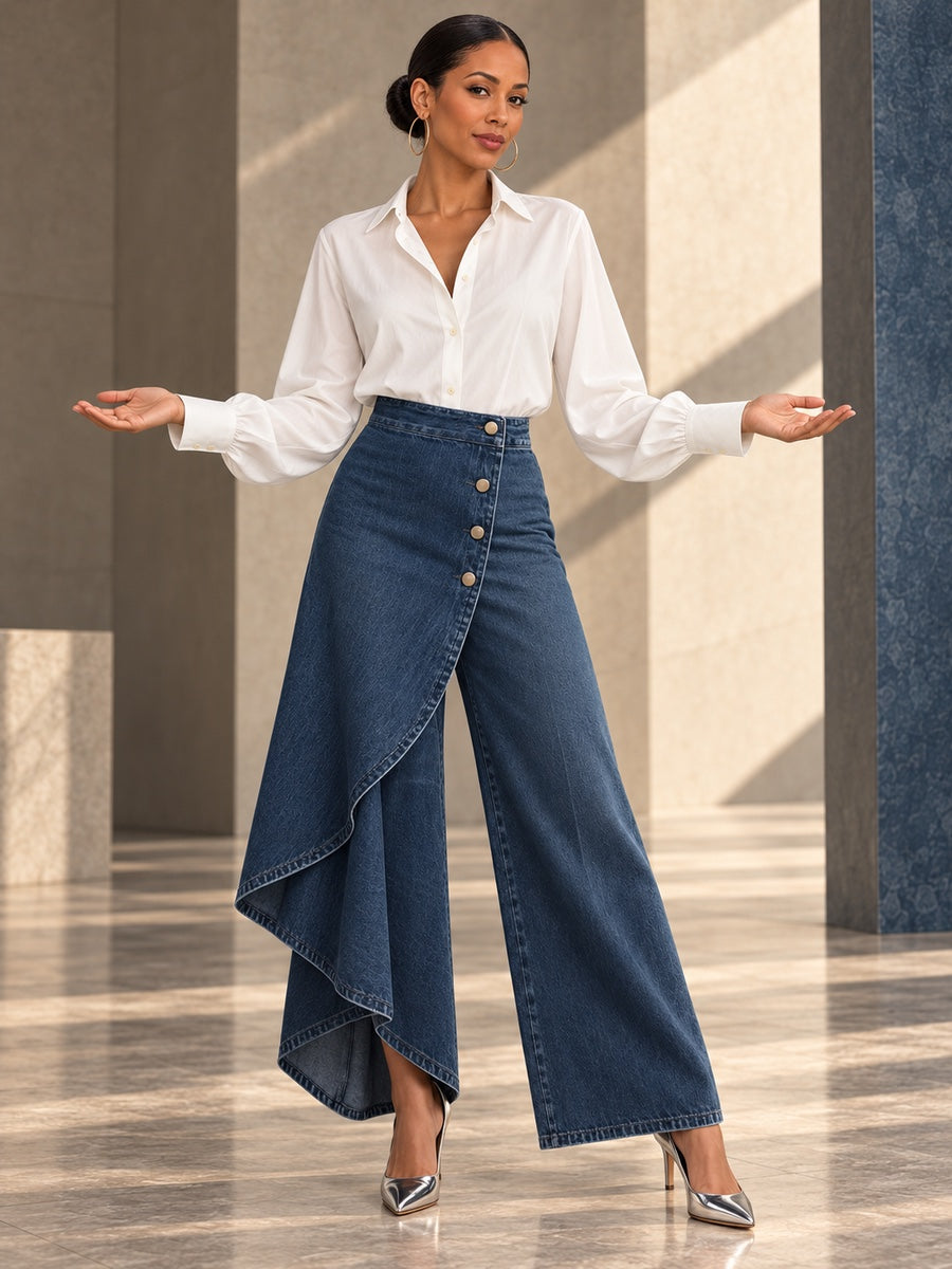 High Waisted Irregularity Buttoned Layered Pockets Solid Color Split-Joint Jean Pants Bottoms - 201901_CF_F3_v20261008